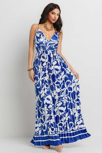 PRINTED V-NECK OPEN BACK PLEATED JUMPSUIT - PRIVILEGE 