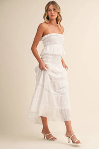 Strapless Eyelet Tiered Maxi Dress with Smocked Bodice