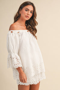 OFF SHOULDER EMBROIDERED LACE TOP AND SHORTS SET