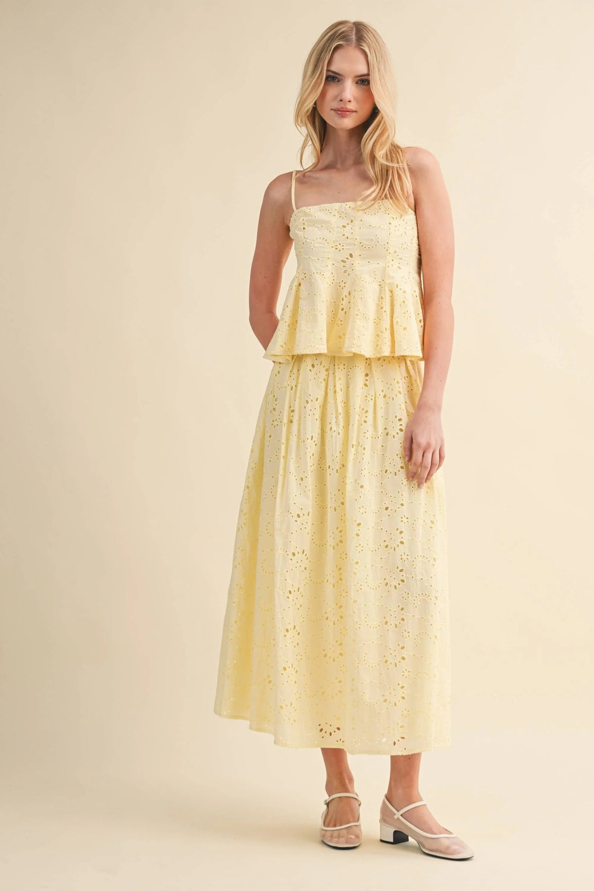 EYELET PEPLUM CAMI AND PLEATED FLARE MIDI SKIRT