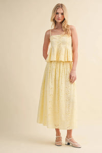 EYELET PEPLUM CAMI AND PLEATED FLARE MIDI SKIRT