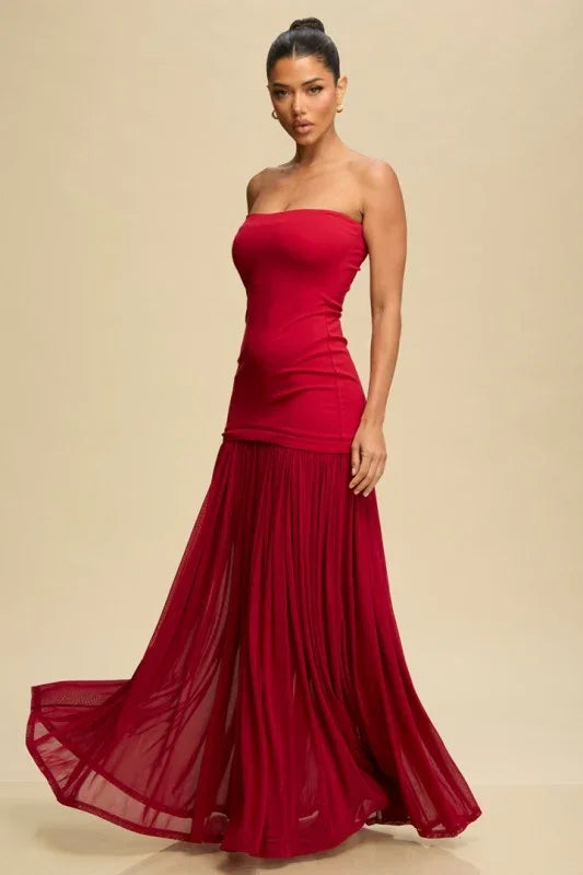 Tube Maxi Dress  Shirred Chiffon BOTTOM DELIGHT PRIVILEGE