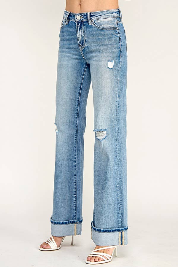Mid Rise Vintage Flare Jeans with Cuffed Hem — Light Wash