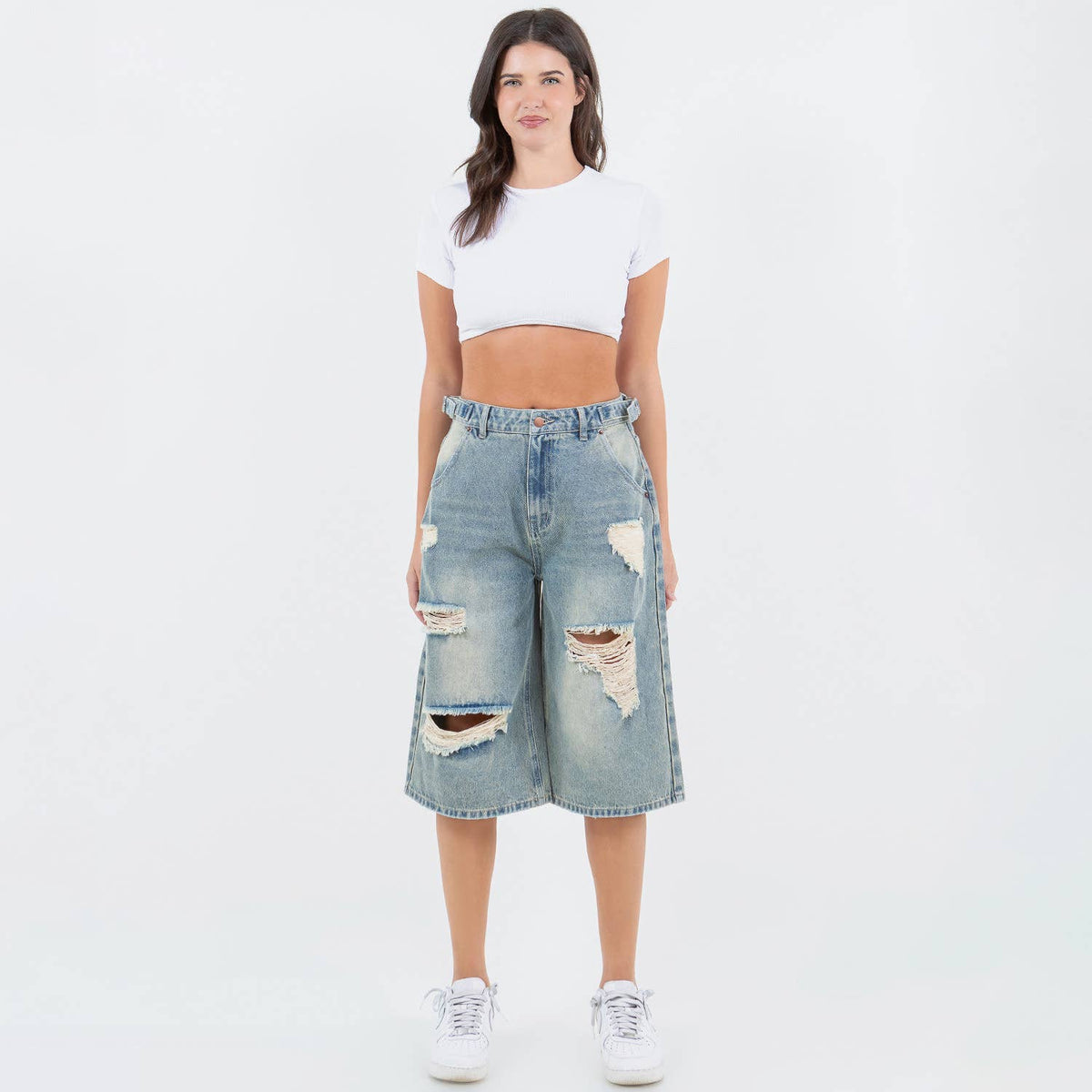 WAIST TRIM DISTRESSED WIDE LEG JORTS-RSS21142