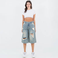 WAIST TRIM DISTRESSED WIDE LEG JORTS-RSS21142
