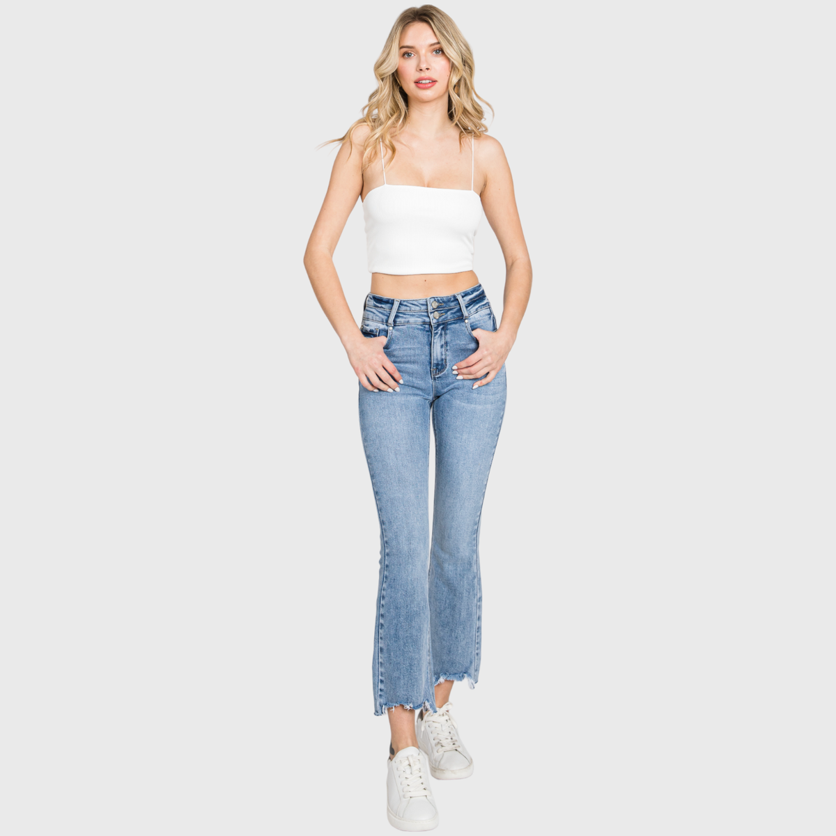High Rise Crop Bootcut Jeans with Frayed Hem — Light Wash