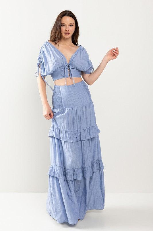 CROPTIO WITH DRAWSTING DETAIL AND MAXI SKIRT SET - PRIVILEGE 