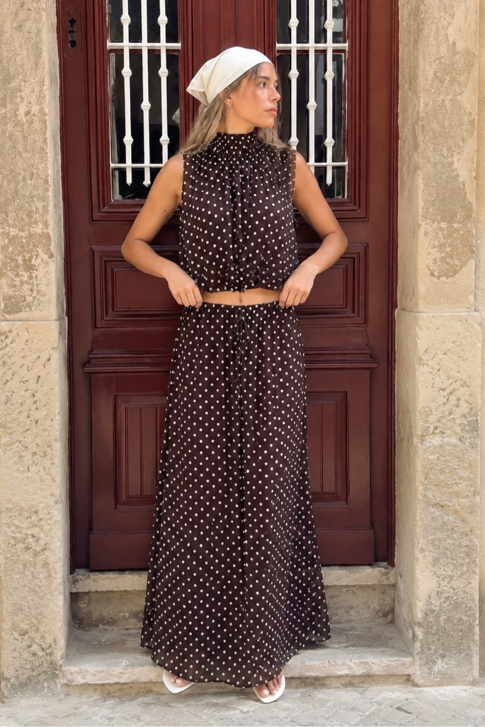 Flowy Polka Dot Mock-Neck Top & Palazzo Pants Set