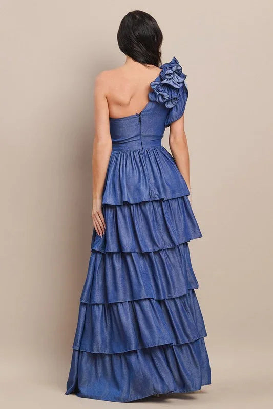 DENIM CORSAGE ONE SHOULDER MAXI DRESS PRIVILEGE