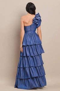 DENIM CORSAGE ONE SHOULDER MAXI DRESS PRIVILEGE