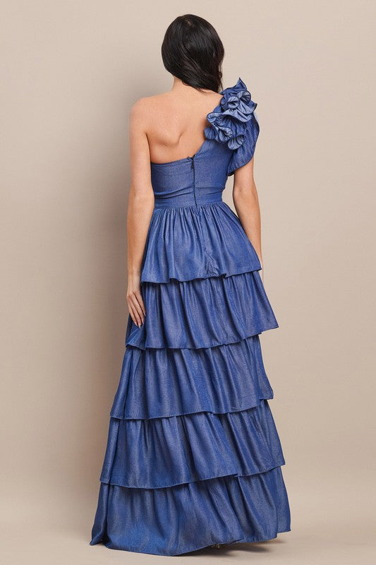 DENIM CORSAGE ONE SHOULDER MAXI DRESS