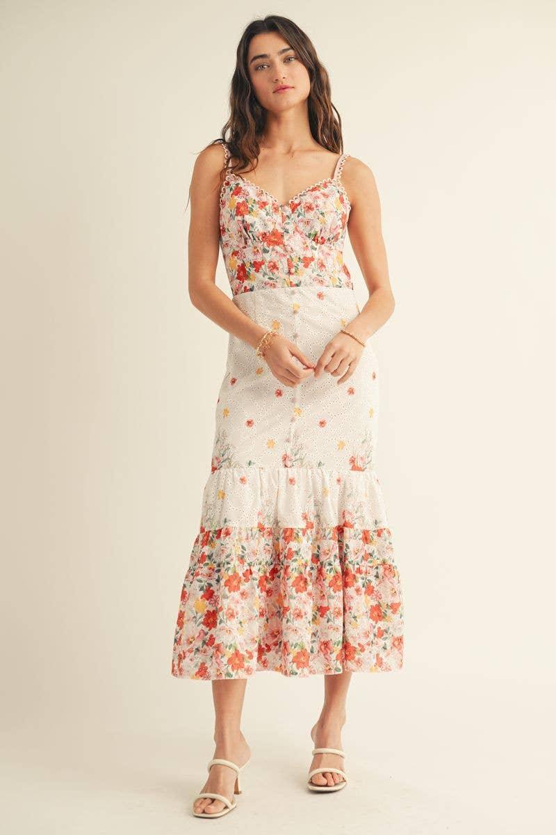 Eyelet Detailed Floral Border Print Midi Dress