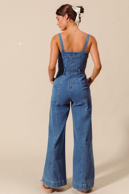 WIDE LEG BOOTCUT DENIM JUMPSUIT WITH BACK ZIPPER PRIVILEGE