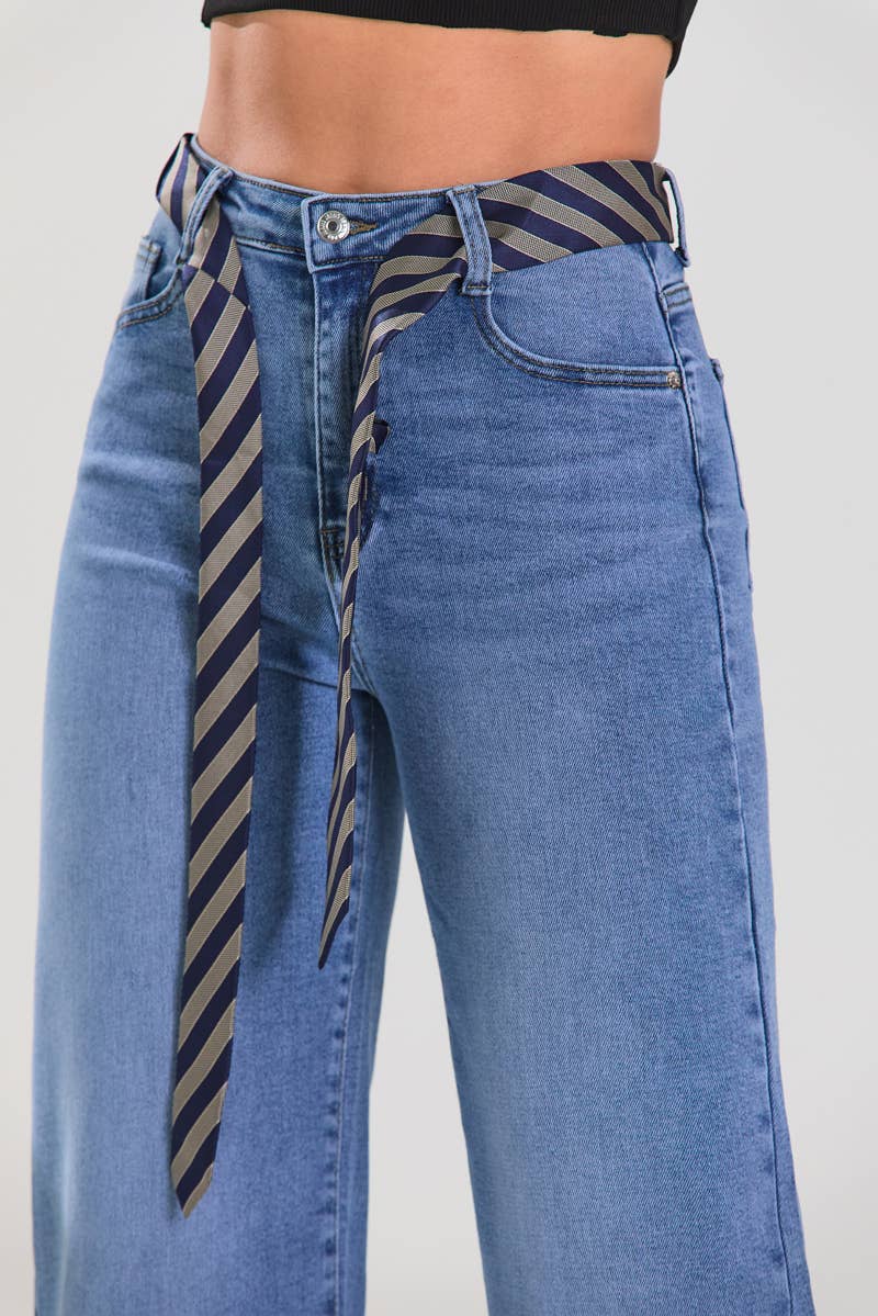 Medium Blue Bootcut Jeans with Tie Detail