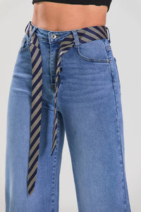 Medium Blue Bootcut Jeans with Tie Detail