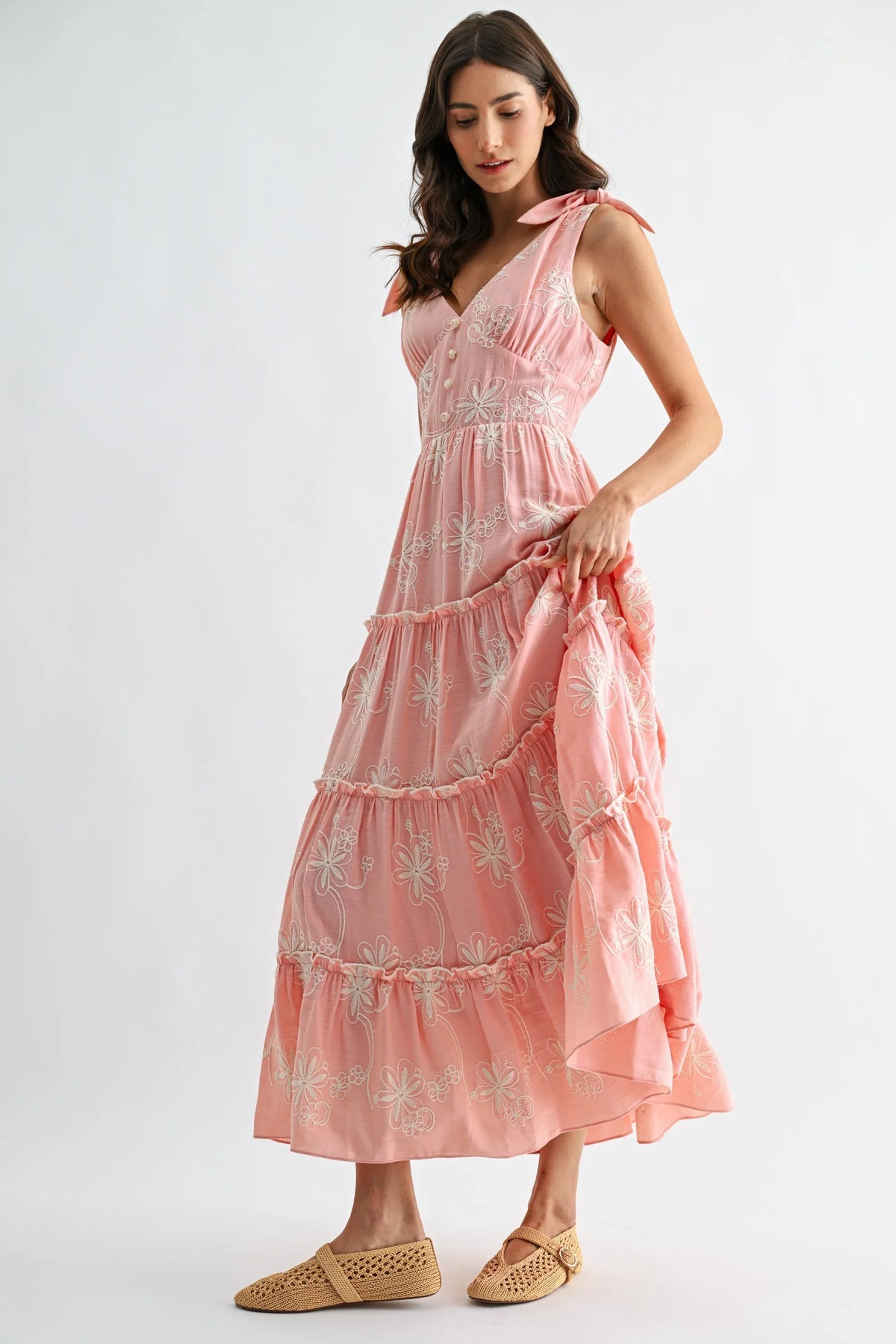 Floral Embroidered Sleeveless Tiered Maxi Dress