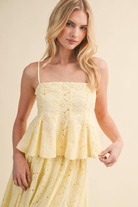 EYELET PEPLUM CAMI AND PLEATED FLARE MIDI SKIRT