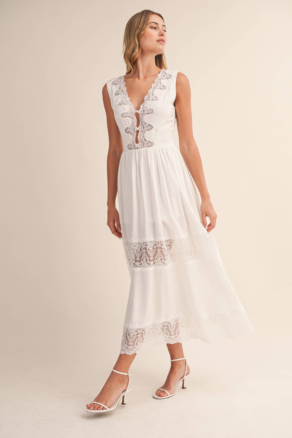 LACE PANEL DETAILED SLEEVELESS V NECK MIDI DRESS
