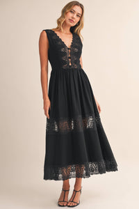 LACE PANEL DETAILED SLEEVELESS V NECK MIDI DRESS
