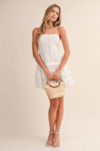 FLORAL EYELET DROPWAIST TIERED MINI DRESS