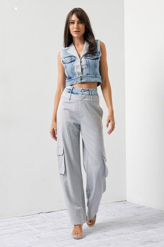 DENIM VEST WITH CARGO PANT TWO TONE SET PRIVILEGE