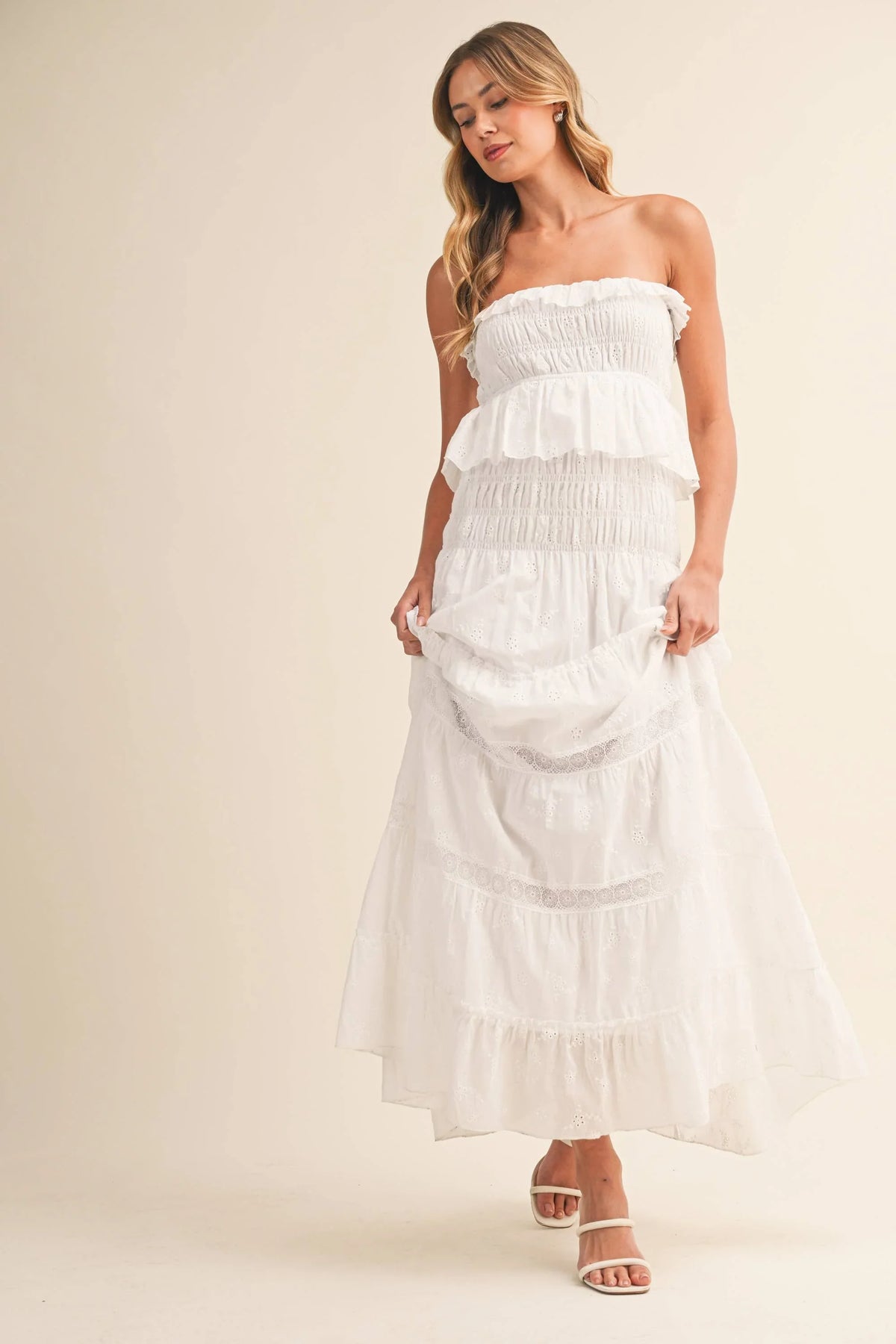Strapless Eyelet Tiered Maxi Dress with Smocked Bodice
