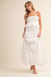 Strapless Eyelet Tiered Maxi Dress with Smocked Bodice