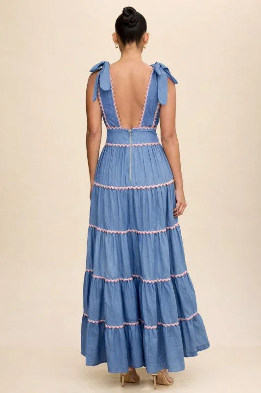 Scalloped Denim Trim Maxi Dress