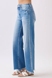 High Rise Stretch Wide Leg Jeans with Destroyed Hem