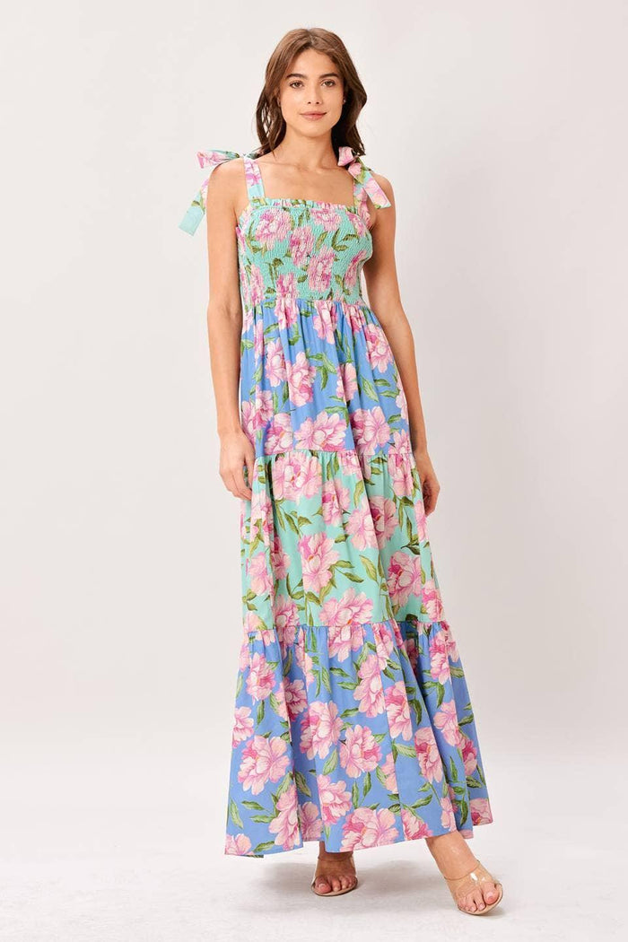 Multi Floral Woven Maxi Dress – Smocked Bodice & Tiered Skirt