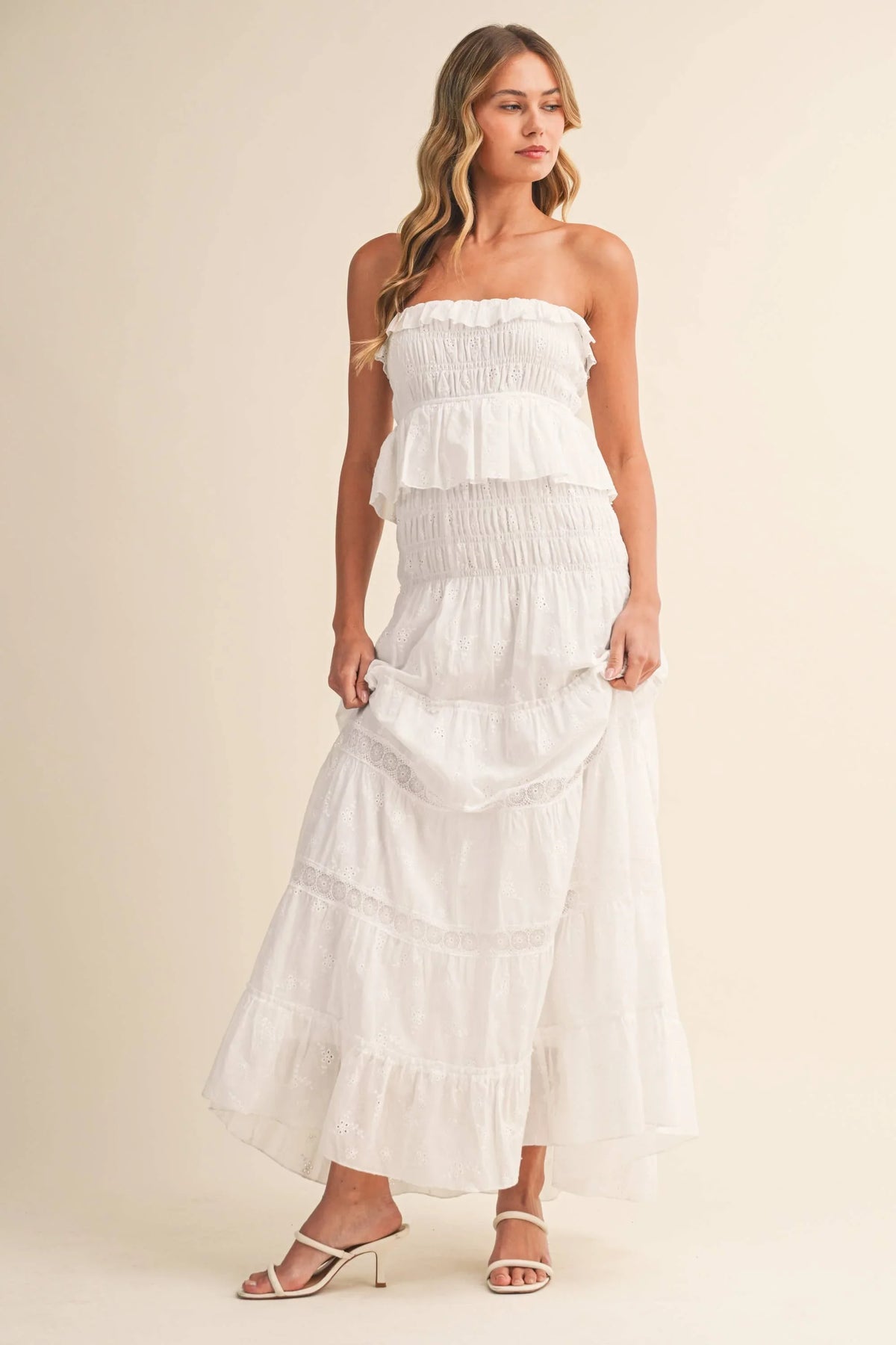 Strapless Eyelet Tiered Maxi Dress with Smocked Bodice
