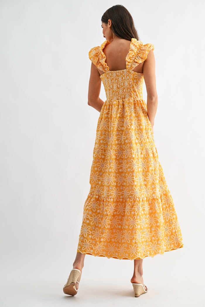 Floral Embroidered Midi Dress With Ruffle Sleeves