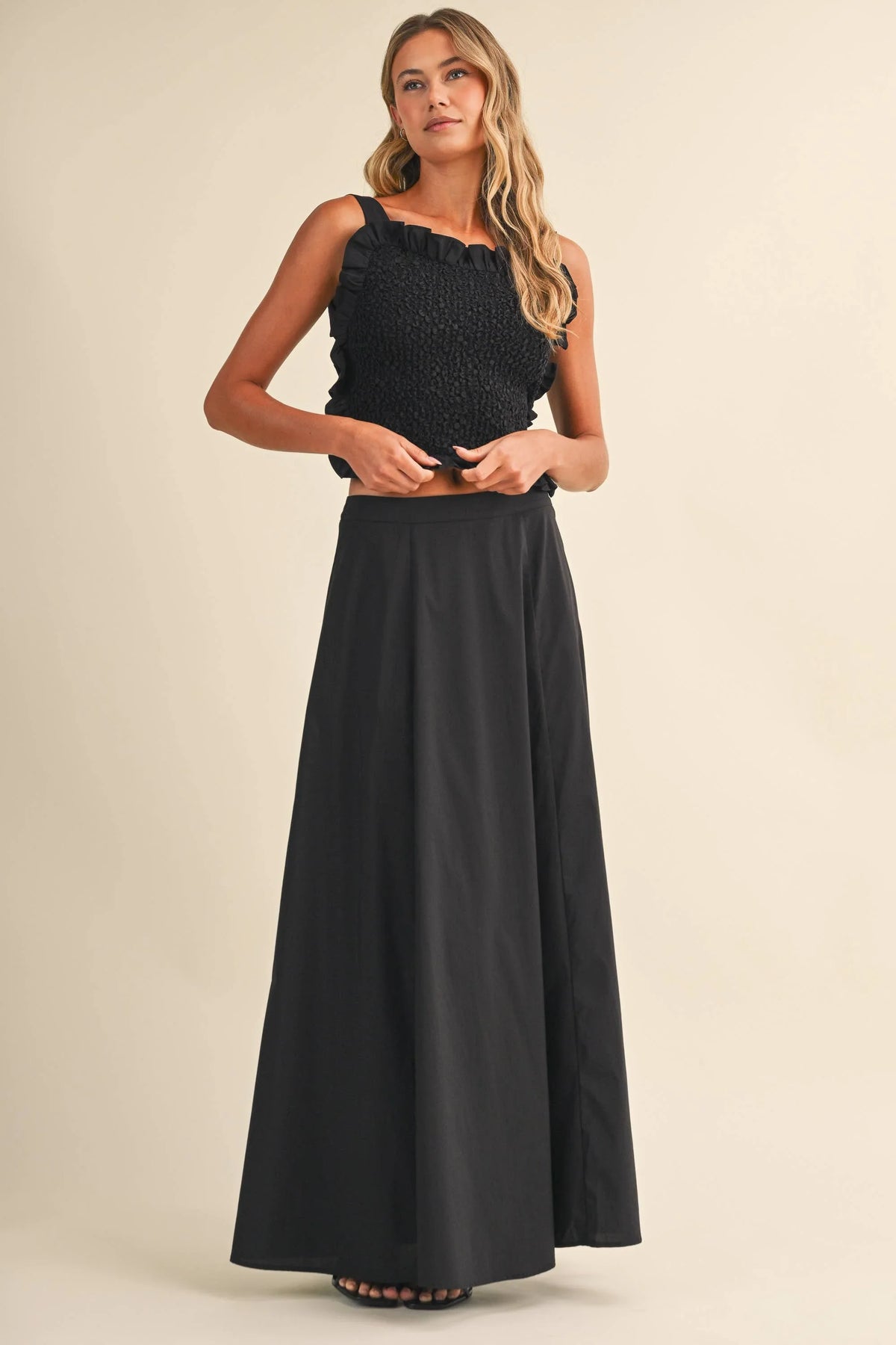 SMOCKING BACK TIED TOP AND A LINE MAXI SKIRT SET