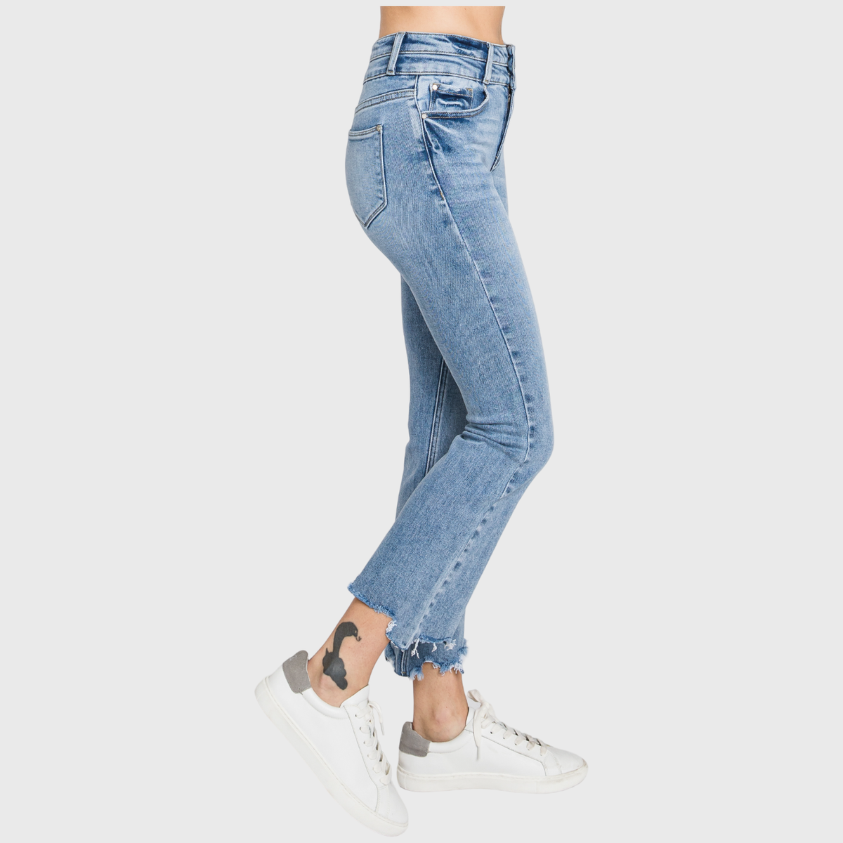 High Rise Crop Bootcut Jeans with Frayed Hem — Light Wash
