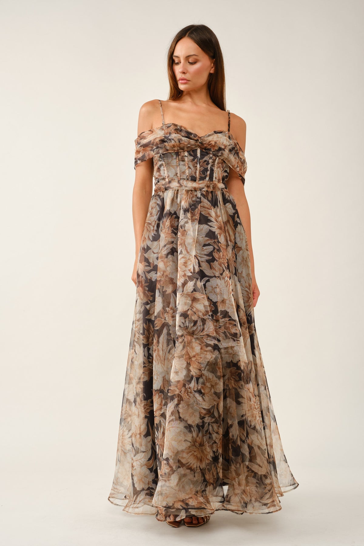 Off-the-shoulder Corset Floral Maxi Dress