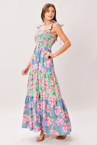 Multi Floral Woven Maxi Dress – Smocked Bodice & Tiered Skirt