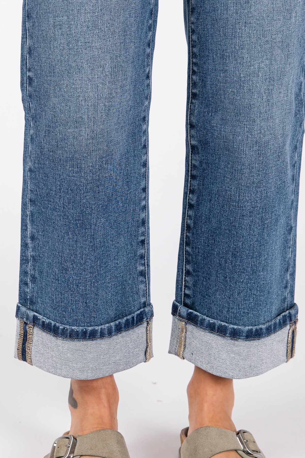 High Rise Stretch Relaxed Straight Jeans with Cuffed Hem