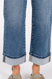 High Rise Stretch Relaxed Straight Jeans with Cuffed Hem