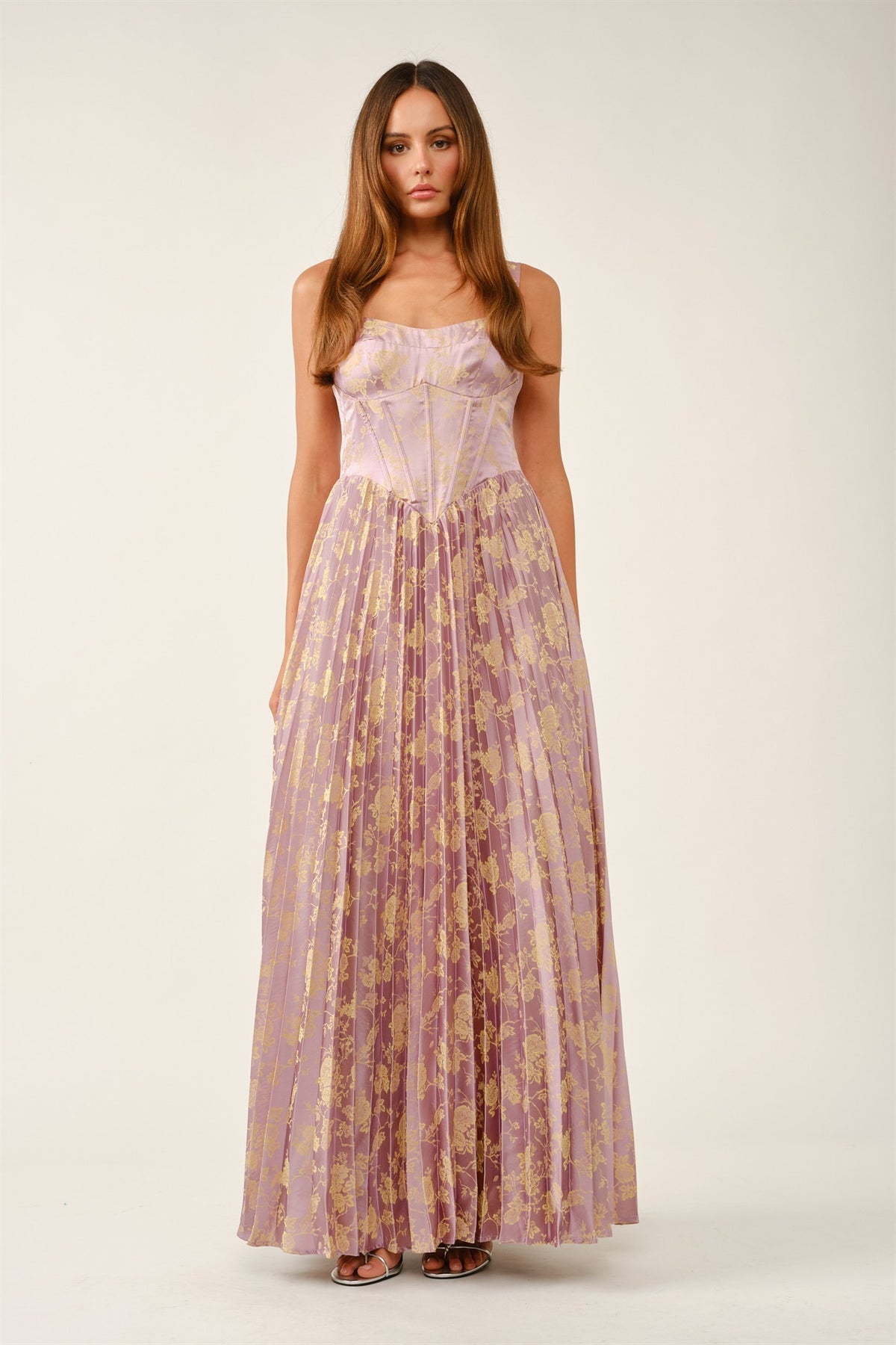 Floral Jacquard Lace-Up Pleated Maxi Dress