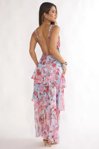 Sleeveless Floral V Neck Tiered Maxi Dress