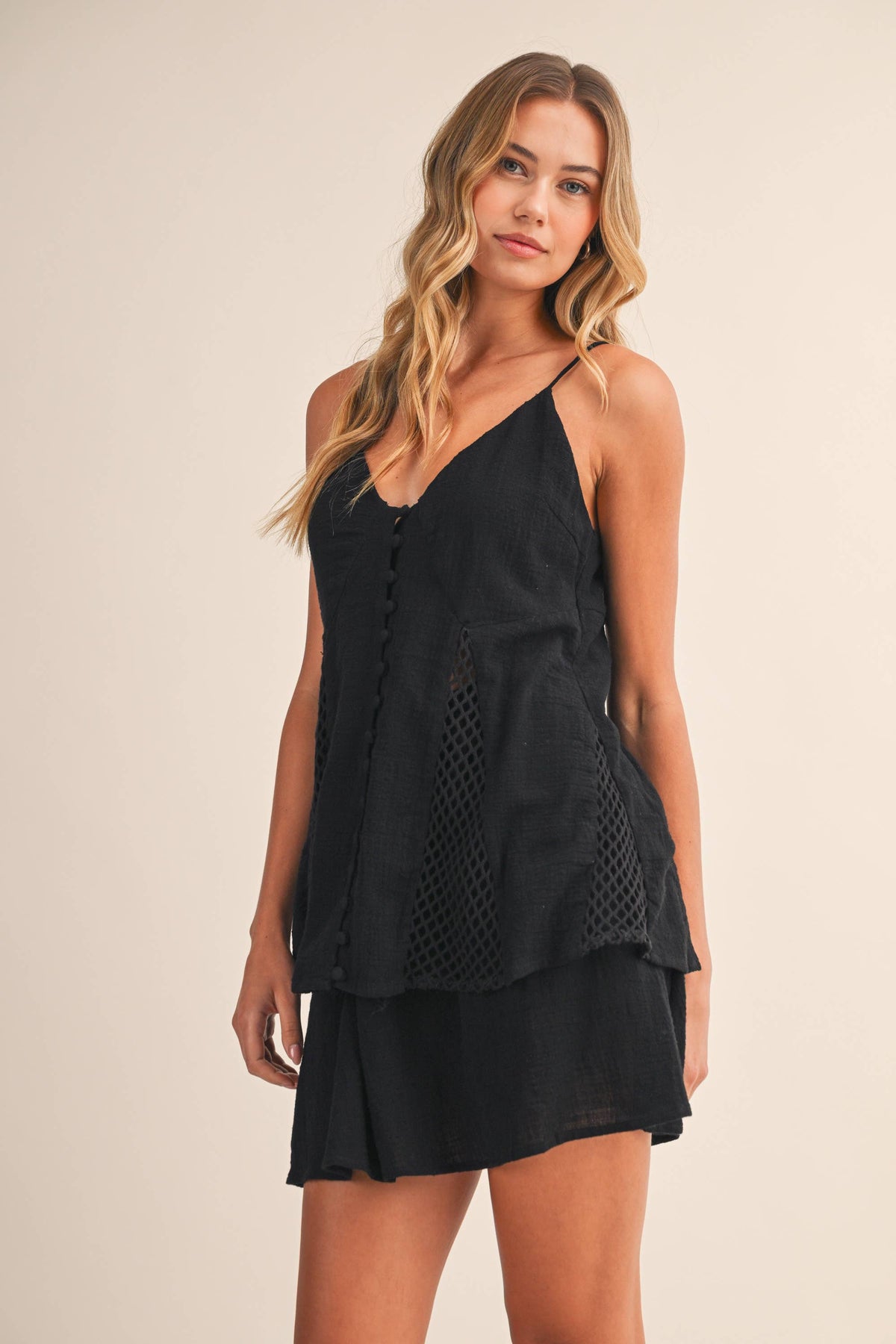 LINEN LAYERED TWO PIECE SET WITH FISHNET