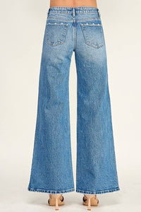Mid Rise Wide Leg Jeans with Side Seam Detail — Medium Wash