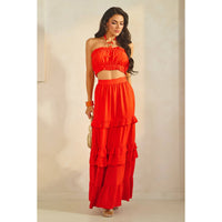 Ring Attached Shirred Tube Top & Tiered Maxi Skirt Set - Tomato Red