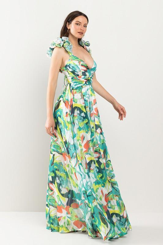 RUFFLED SHOULDER MAXI DRESS - PRIVILEGE 