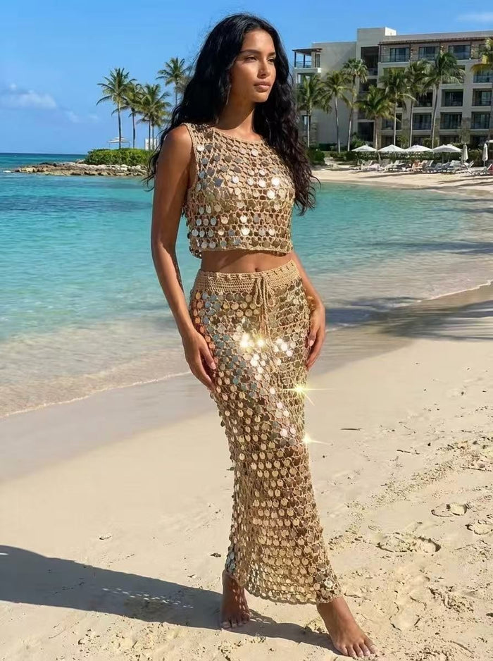 SEQUIN CROCHET CROP TOP MAXI SET