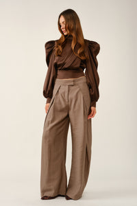 Elegant Draped Satin Puff-Sleeve Blouse