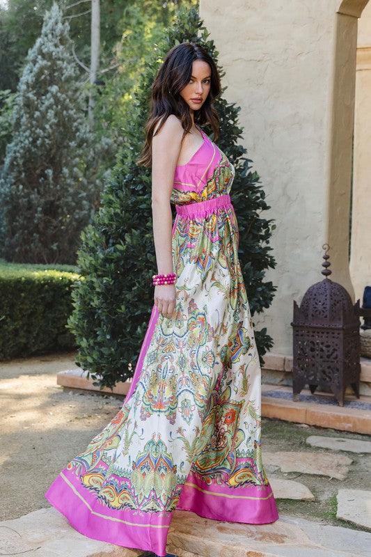 SATIN BORDER PRINT ONE SHOULDER MAXI DRESS - PRIVILEGE 
