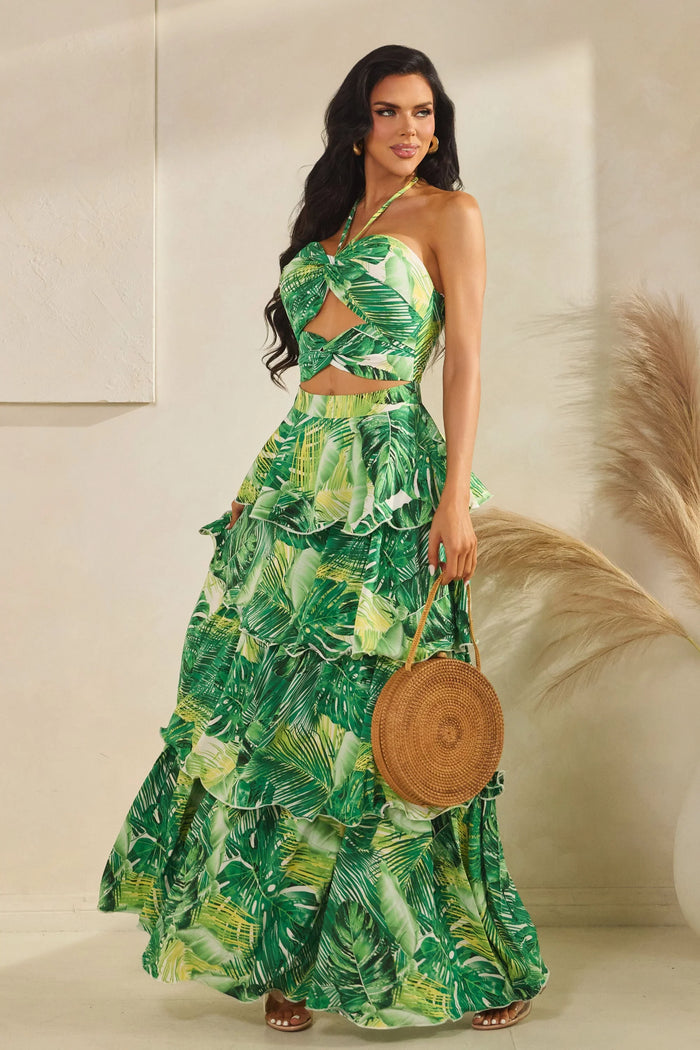 Tropical Ruffle Halter Neck Maxi Dress