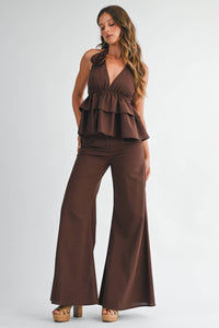 Ruffle Halter Top & Flared Trousers Set