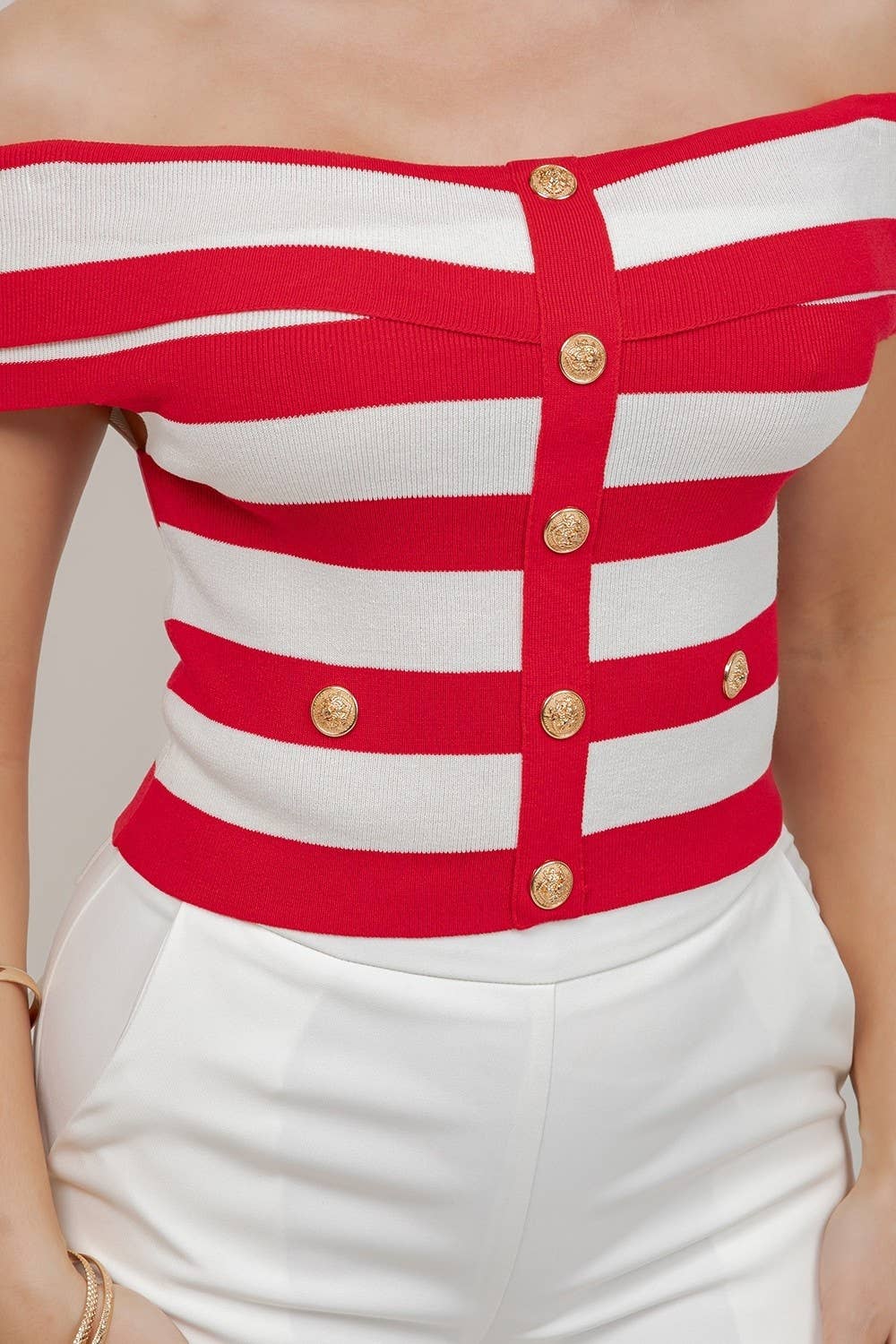Marins Striped Off-Shoulder Gold Button Knit Top